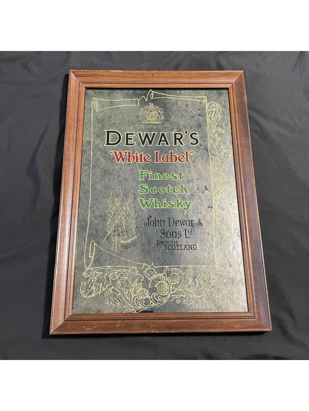 Vintage Dewars White Label Whisky Advertisement Bar Mirror Sign 20.5" x 14.5"